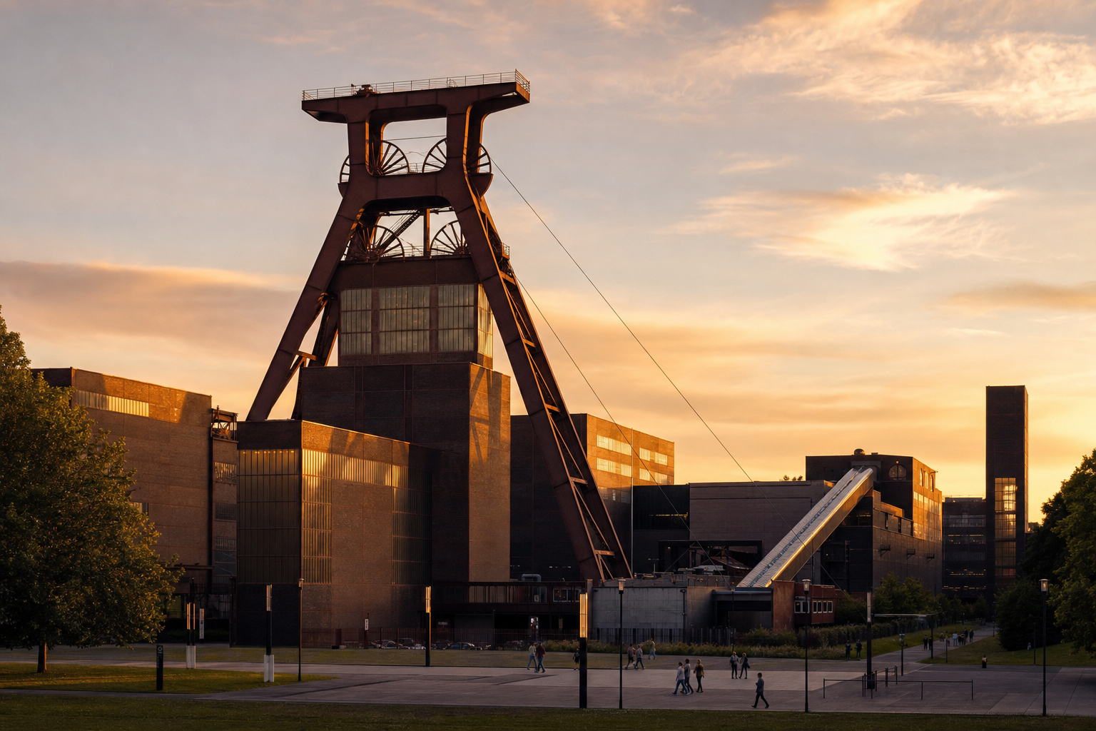 Das Doppelbock-Fördergerüst der Zeche Zollverein in Essen im Abendlicht, davor Besucher auf dem weiten Platz, im Hintergrund die Kohlenwäsche mit der Rolltreppe