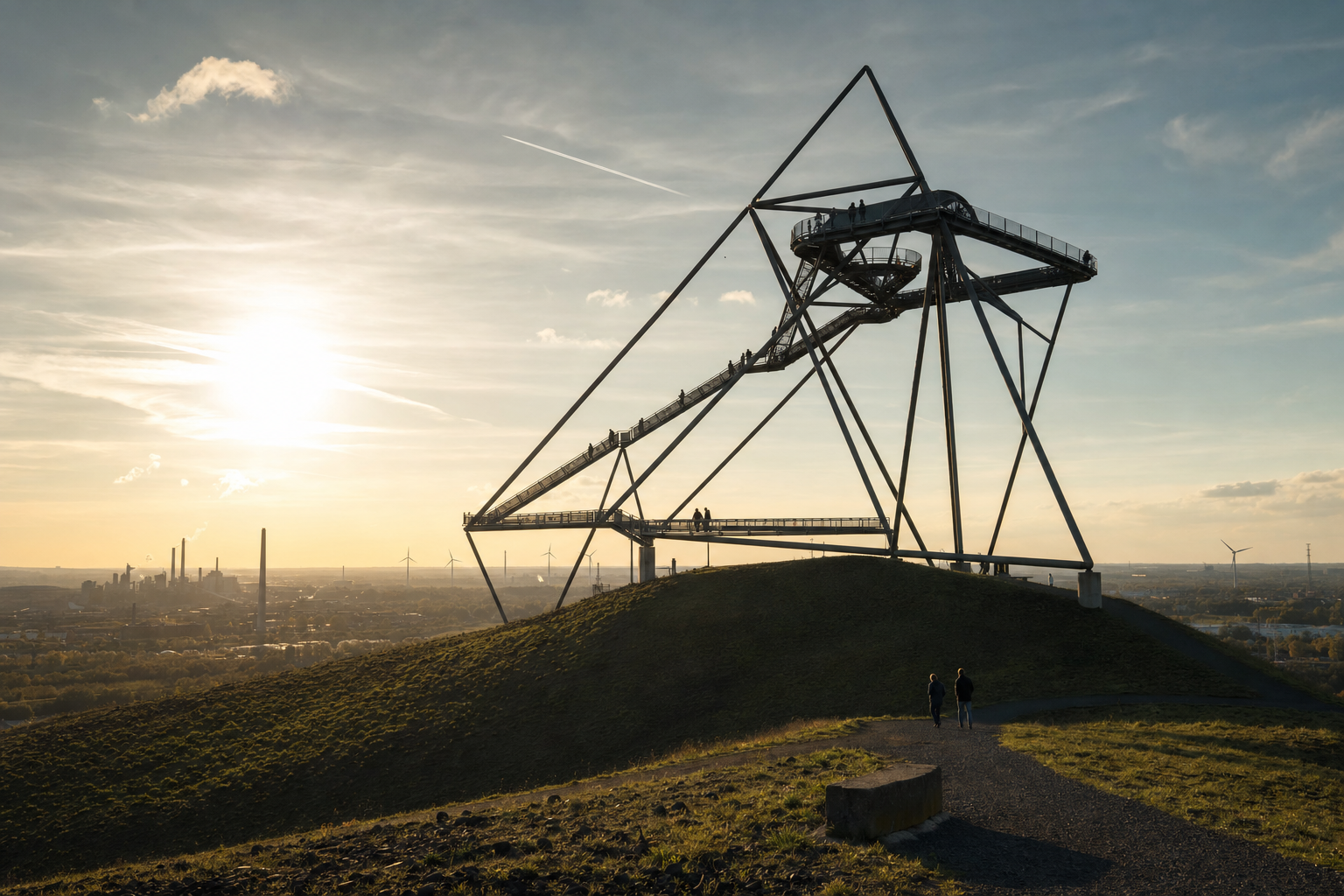 Große begehbare Metallskulptur auf einer begrünten Halde im Ruhrgebiet, Spaziergänger im Gegenlicht, am Horizont Schornsteine und Windräder