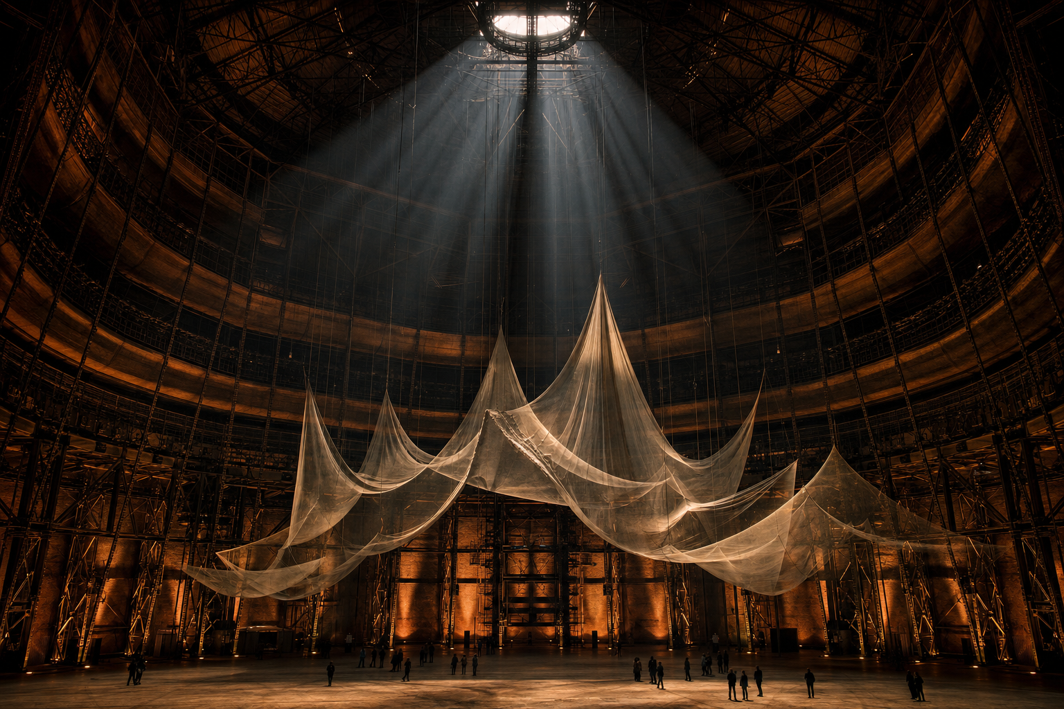 Blick in den beleuchteten Gasometer Oberhausen mit einer großen Rauminstallation, Besucher als kleine Silhouetten am Boden, Lichtstrahlen fallen durch die Stahlkonstruktion